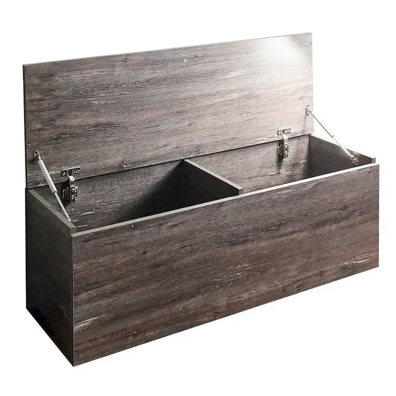 Banc-coffre de rangement Lean avec charnières de sécurité, plateau relevable, bois gris style campagnard