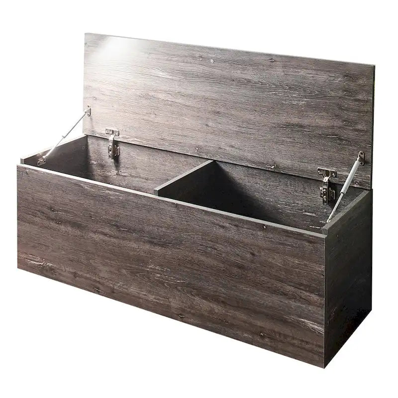 Banc-coffre de rangement Lean avec charnières de sécurité, plateau relevable, bois gris style campagnard
