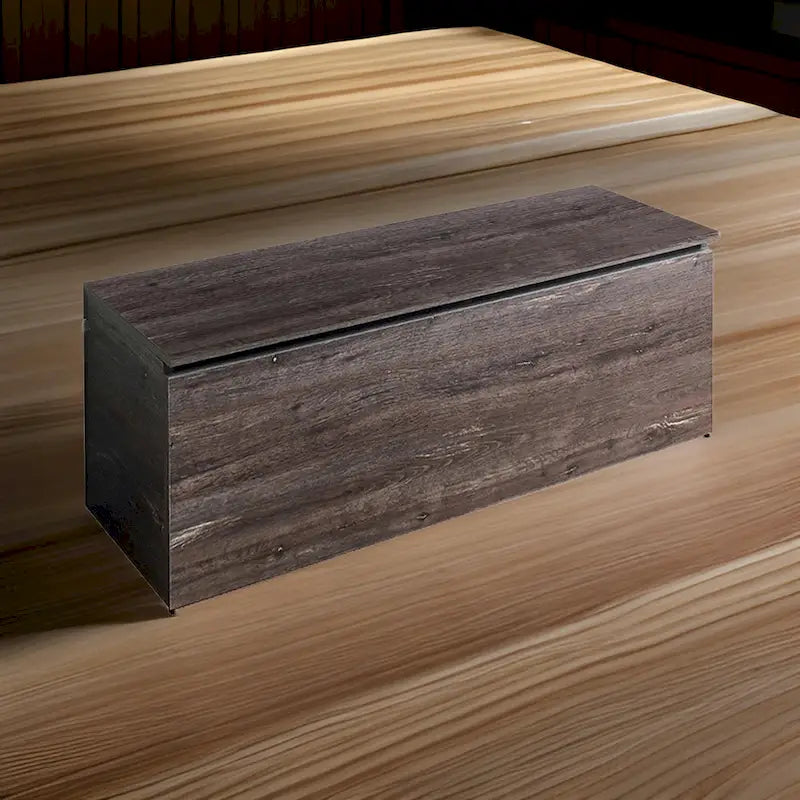 Banc-coffre de rangement Lean avec charnières de sécurité, plateau relevable, bois gris style campagnard