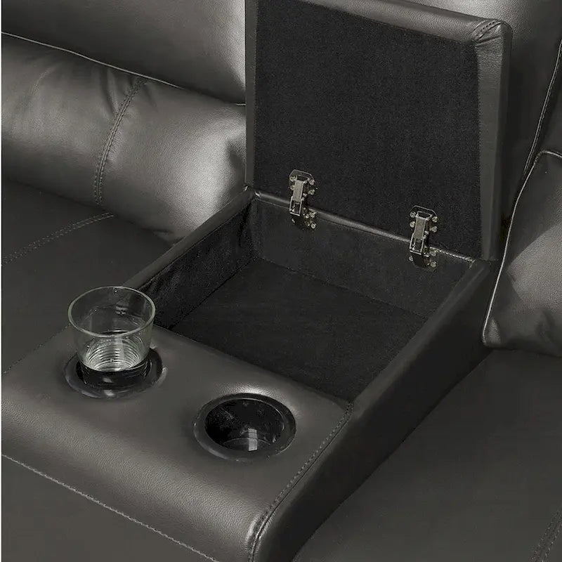 Canapé d'angle Saley à mécanisme électrique, port USB, similicuir gris, console