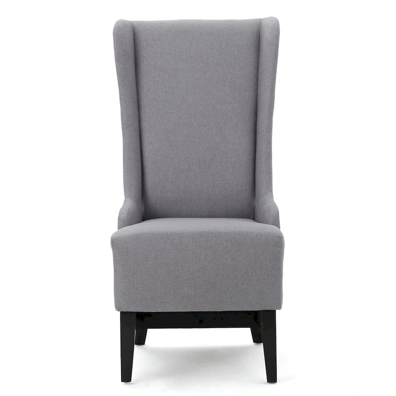 Chaise de salle à manger Becca, haut dossier à oreilles, en bois de bouleau brun, tissu gris clair