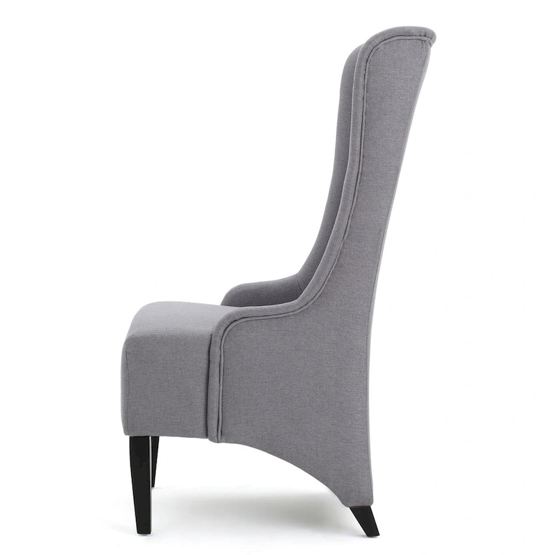 Chaise de salle à manger Becca, haut dossier à oreilles, en bois de bouleau brun, tissu gris clair