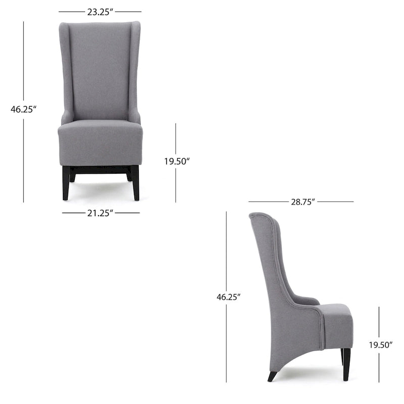 Chaise de salle à manger Becca, haut dossier à oreilles, en bois de bouleau brun, tissu gris clair