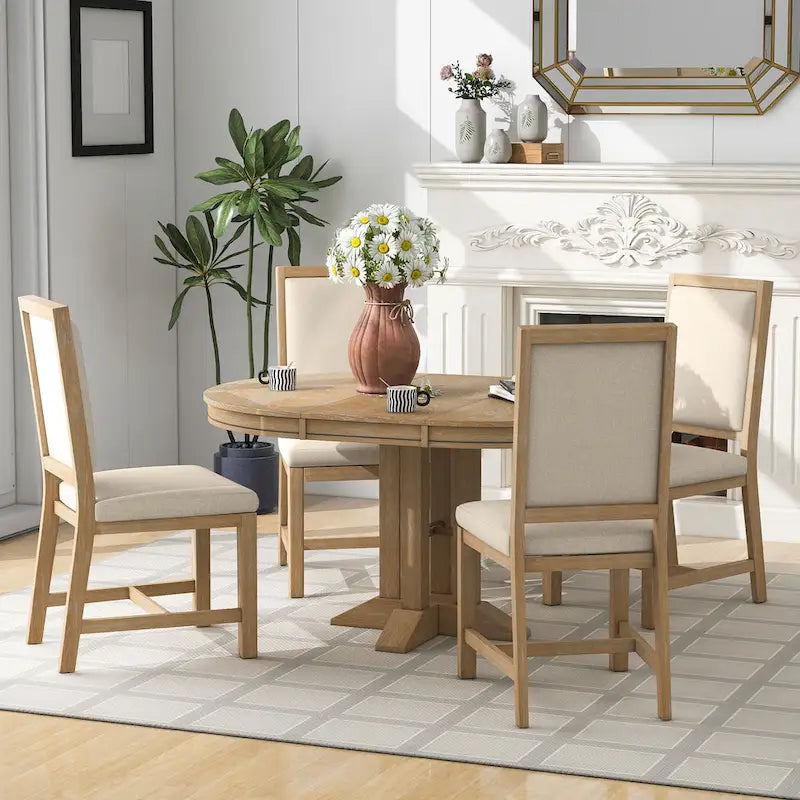 Ensemble de meubles de cuisine en bois 5 pièces, comprenant une table à manger ronde extensible avec rallonge amovible et 4 chaises rembourrées.