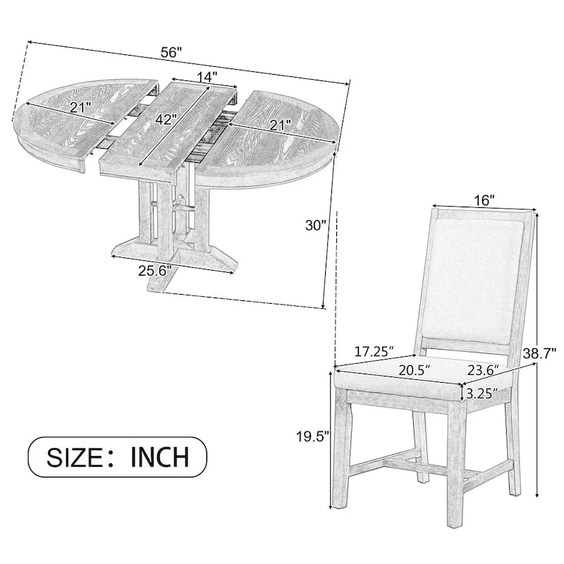 Ensemble de meubles de cuisine en bois 5 pièces, comprenant une table à manger ronde extensible avec rallonge amovible et 4 chaises rembourrées.