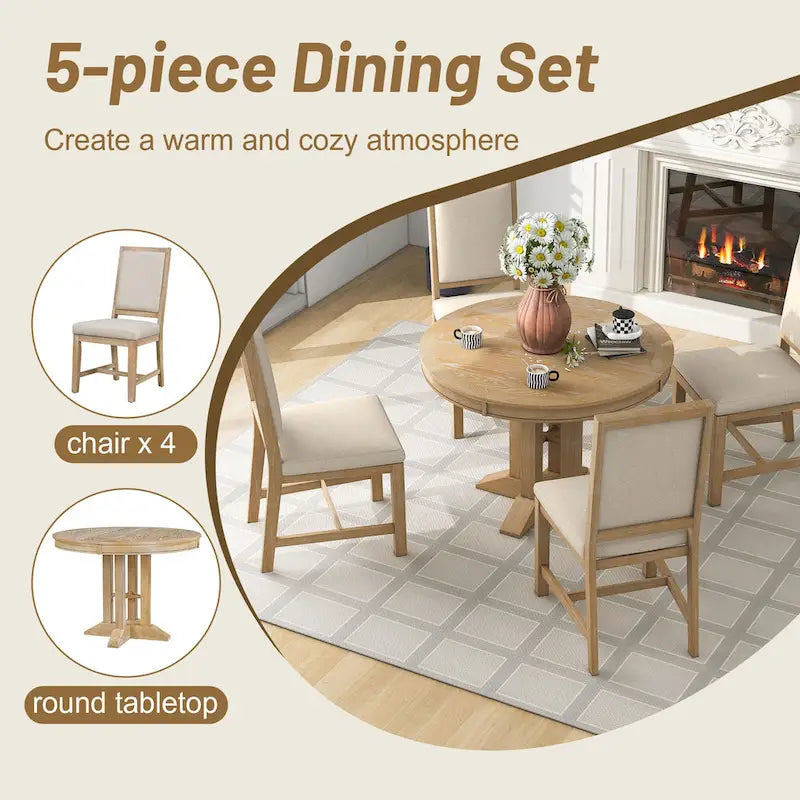 Ensemble de meubles de cuisine en bois 5 pièces, comprenant une table à manger ronde extensible avec rallonge amovible et 4 chaises rembourrées.