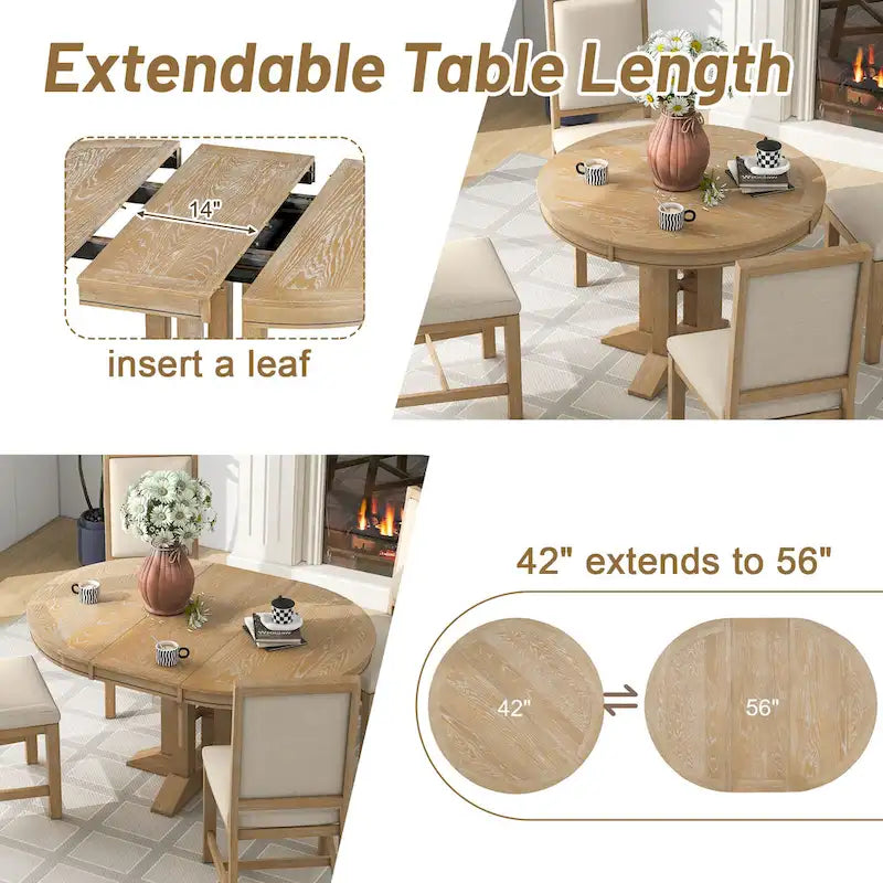 Ensemble de meubles de cuisine en bois 5 pièces, comprenant une table à manger ronde extensible avec rallonge amovible et 4 chaises rembourrées.