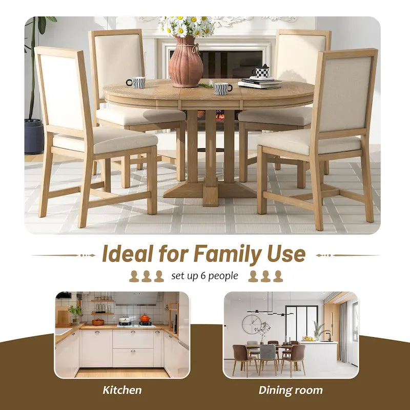 Ensemble de meubles de cuisine en bois 5 pièces, comprenant une table à manger ronde extensible avec rallonge amovible et 4 chaises rembourrées.