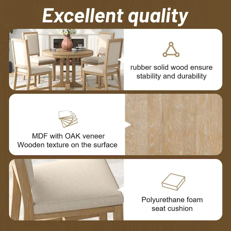 Ensemble de meubles de cuisine en bois 5 pièces, comprenant une table à manger ronde extensible avec rallonge amovible et 4 chaises rembourrées.