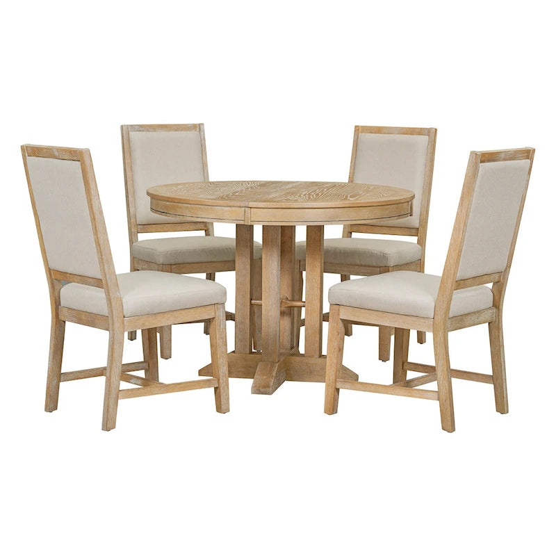 Ensemble de meubles de cuisine en bois 5 pièces, comprenant une table à manger ronde extensible avec rallonge amovible et 4 chaises rembourrées.