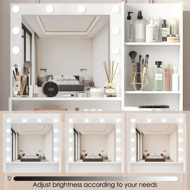 Coiffeuse avec miroir et éclairage, coiffeuse avec tiroir et étagères de rangement, table de maquillage avec 3 modes d'éclairage