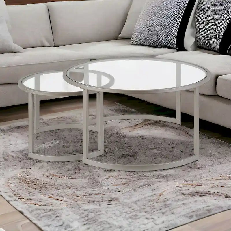 Ensemble de 2 tables basses gigognes rondes en verre et acier de 36 pouces (91,4 x 91,4 x 45,6 cm)