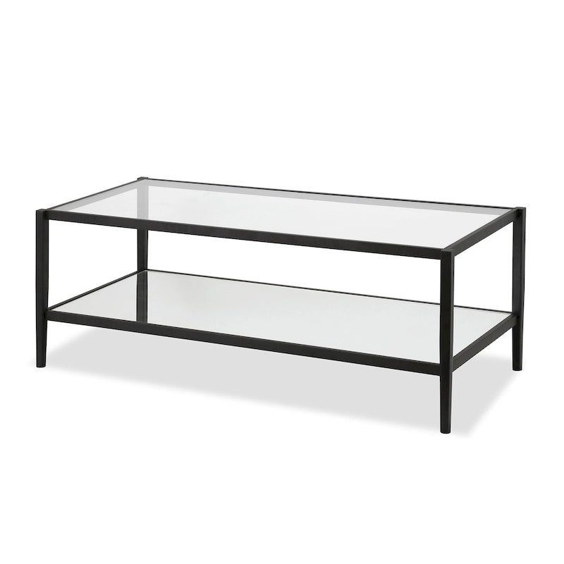 Table basse rectangulaire moderne en verre, structure en acier, étagère de rangement intégrée pour salon - 45 cm (L) x 20 cm (l) x 17 cm (H)