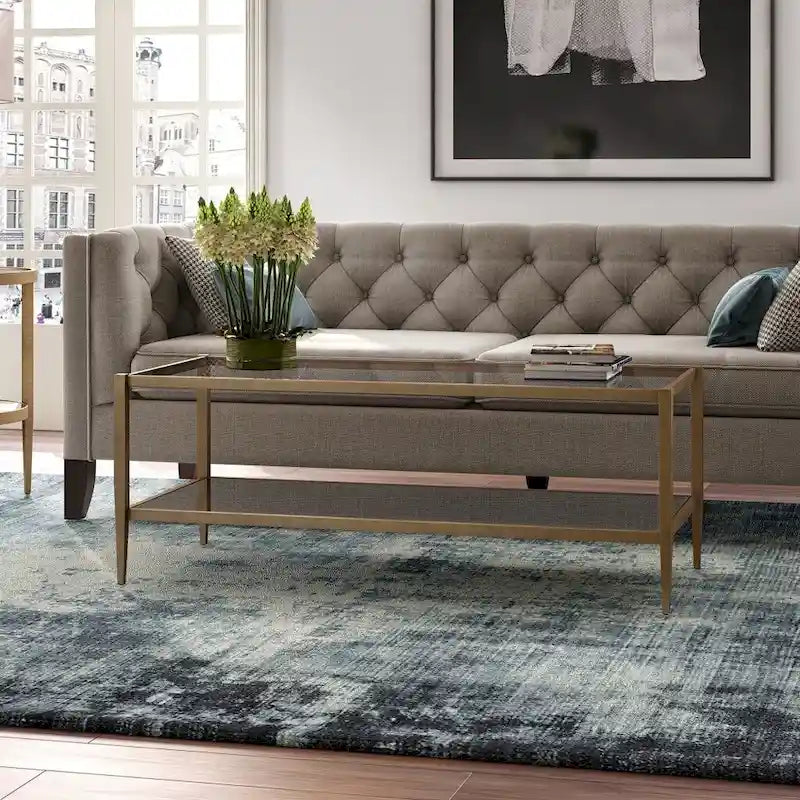 Table basse rectangulaire moderne en verre, structure en acier, étagère de rangement intégrée pour salon - 45 cm (L) x 20 cm (l) x 17 cm (H)