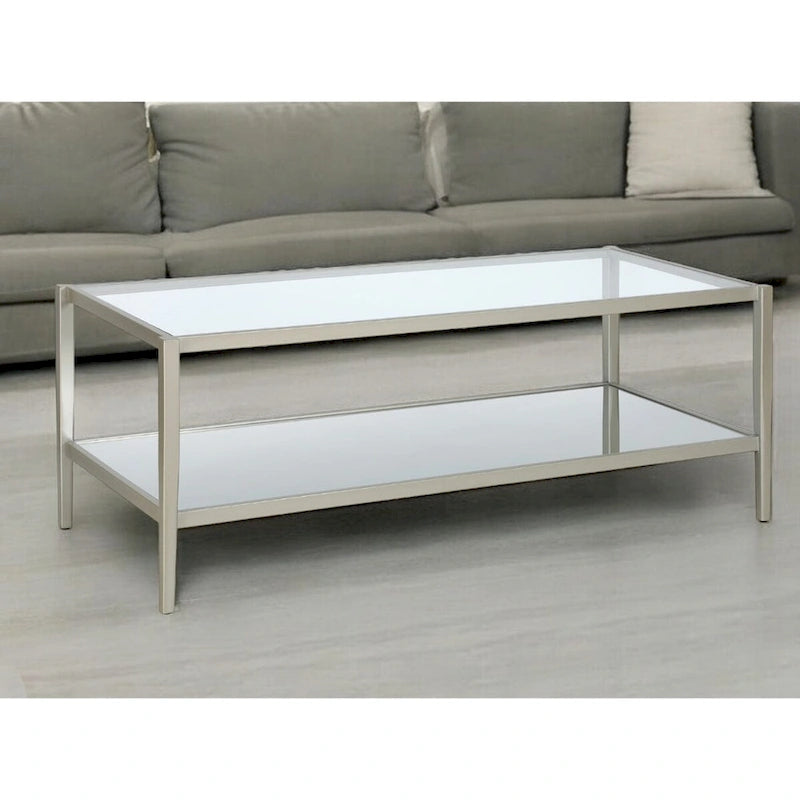 Table basse rectangulaire moderne en verre, structure en acier, étagère de rangement intégrée pour salon - 45 cm (L) x 20 cm (l) x 17 cm (H)