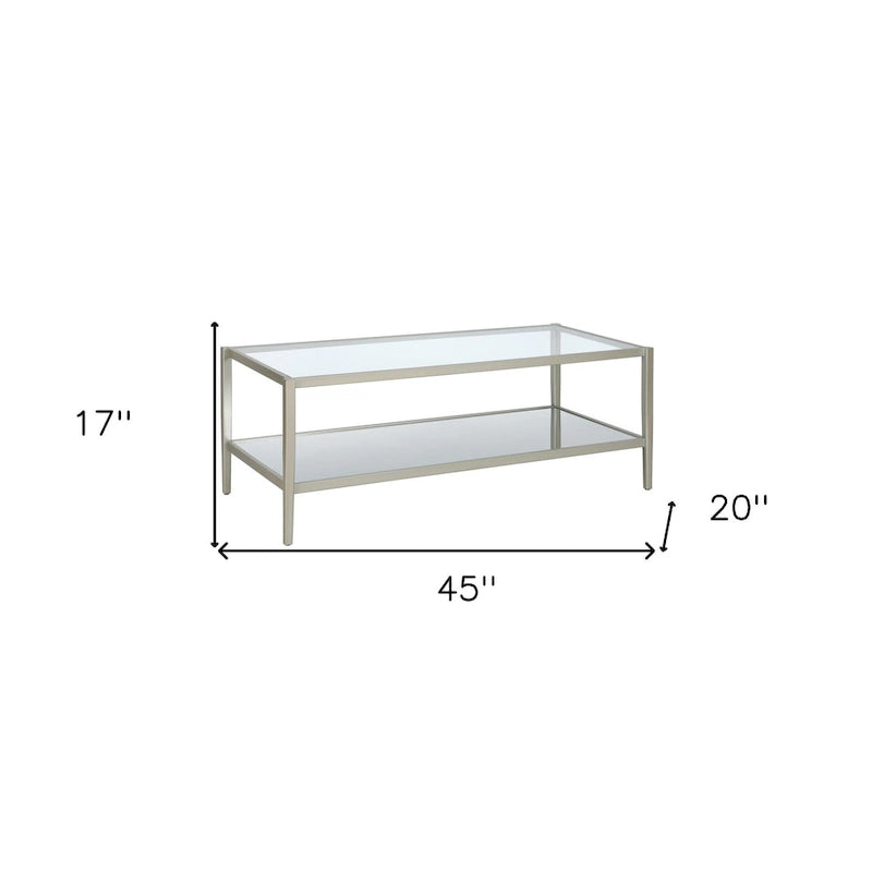 Table basse rectangulaire moderne en verre, structure en acier, étagère de rangement intégrée pour salon - 45 cm (L) x 20 cm (l) x 17 cm (H)
