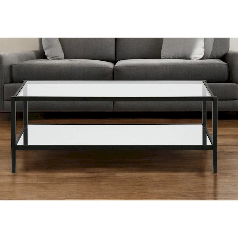 Table basse rectangulaire moderne en verre, structure en acier, étagère de rangement intégrée pour salon - 45 cm (L) x 20 cm (l) x 17 cm (H)