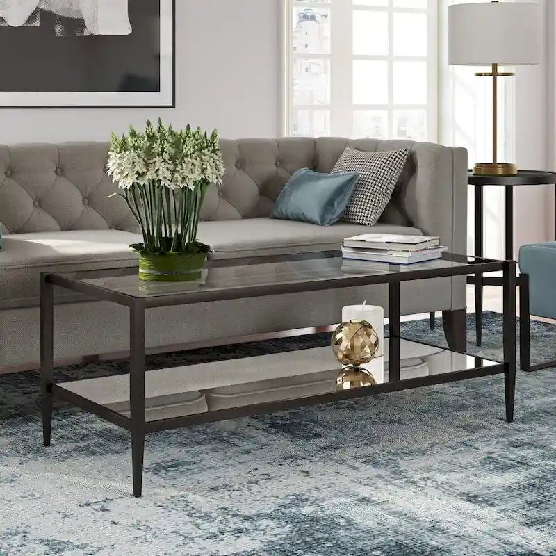 Table basse rectangulaire moderne en verre, structure en acier, étagère de rangement intégrée pour salon - 45 cm (L) x 20 cm (l) x 17 cm (H)