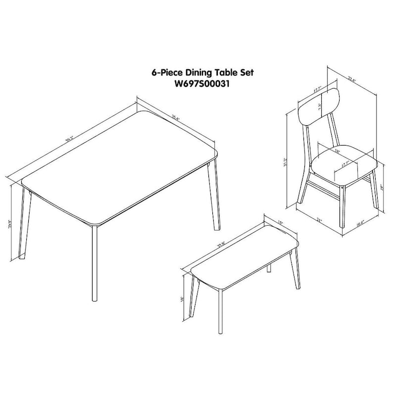 Ensemble de salle à manger rectangulaire 6 pièces avec 4 chaises rembourrées et un banc. Style moderne et décontracté.