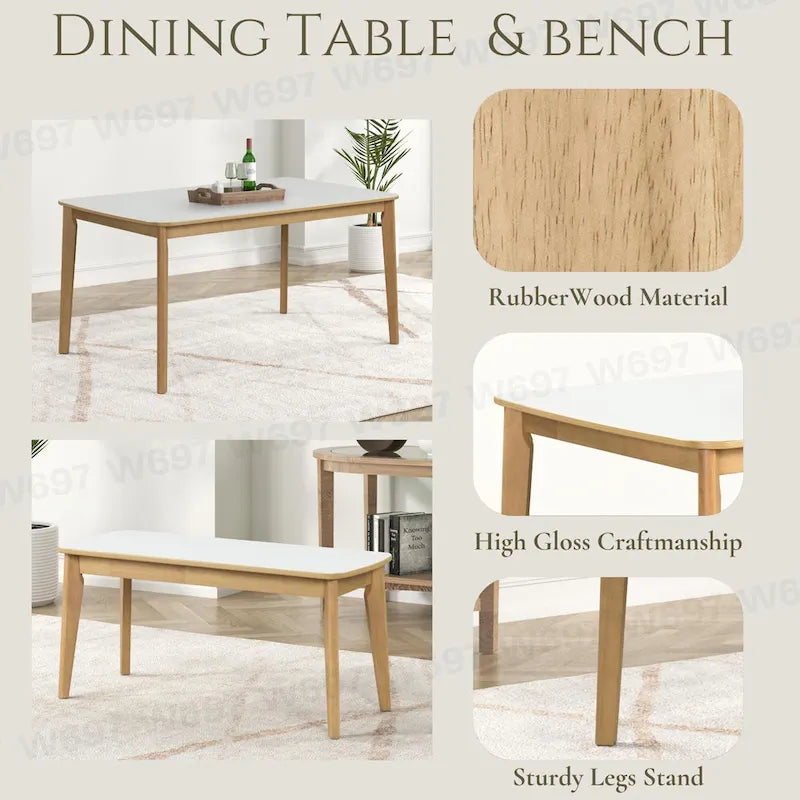Ensemble de salle à manger rectangulaire 6 pièces avec 4 chaises rembourrées et un banc. Style moderne et décontracté.