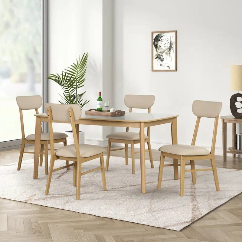 Ensemble de salle à manger rectangulaire 6 pièces avec 4 chaises rembourrées et un banc. Style moderne et décontracté.