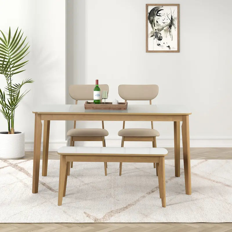 Ensemble de salle à manger rectangulaire 6 pièces avec 4 chaises rembourrées et un banc. Style moderne et décontracté.
