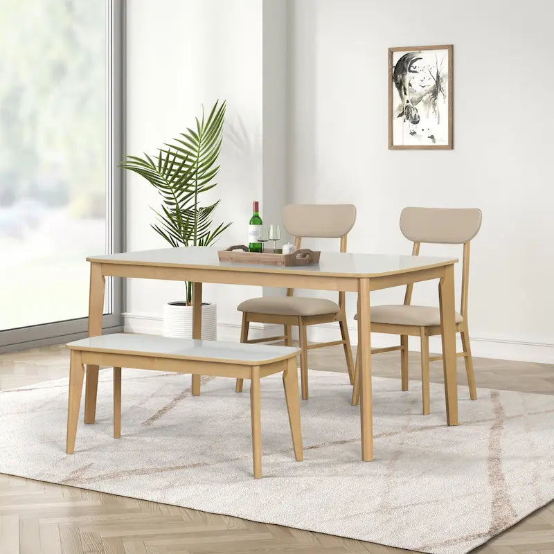 Ensemble de salle à manger rectangulaire 6 pièces avec 4 chaises rembourrées et un banc. Style moderne et décontracté.