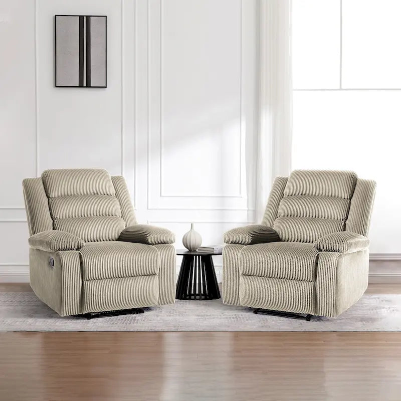 Ensemble de 2 fauteuils inclinables manuels modernes en velours côtelé, fauteuil d'appoint surdimensionné avec accoudoirs larges