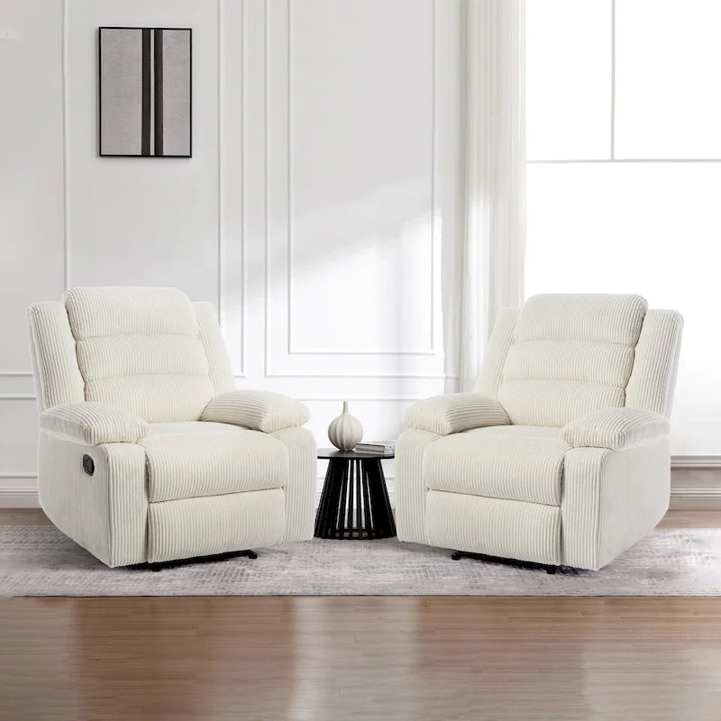 Ensemble de 2 fauteuils inclinables manuels modernes en velours côtelé, fauteuil d'appoint surdimensionné avec accoudoirs larges