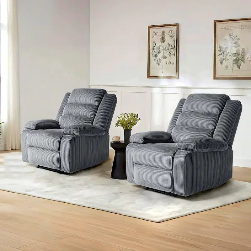 Ensemble de 2 fauteuils inclinables manuels modernes en velours côtelé, fauteuil d'appoint surdimensionné avec accoudoirs larges