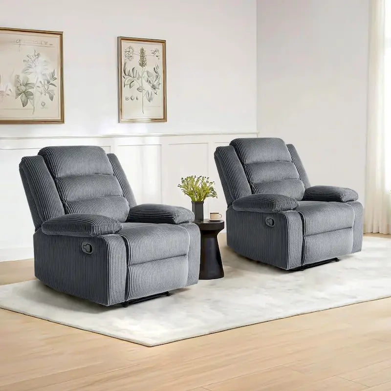 Ensemble de 2 fauteuils inclinables manuels modernes en velours côtelé, fauteuil d'appoint surdimensionné avec accoudoirs larges