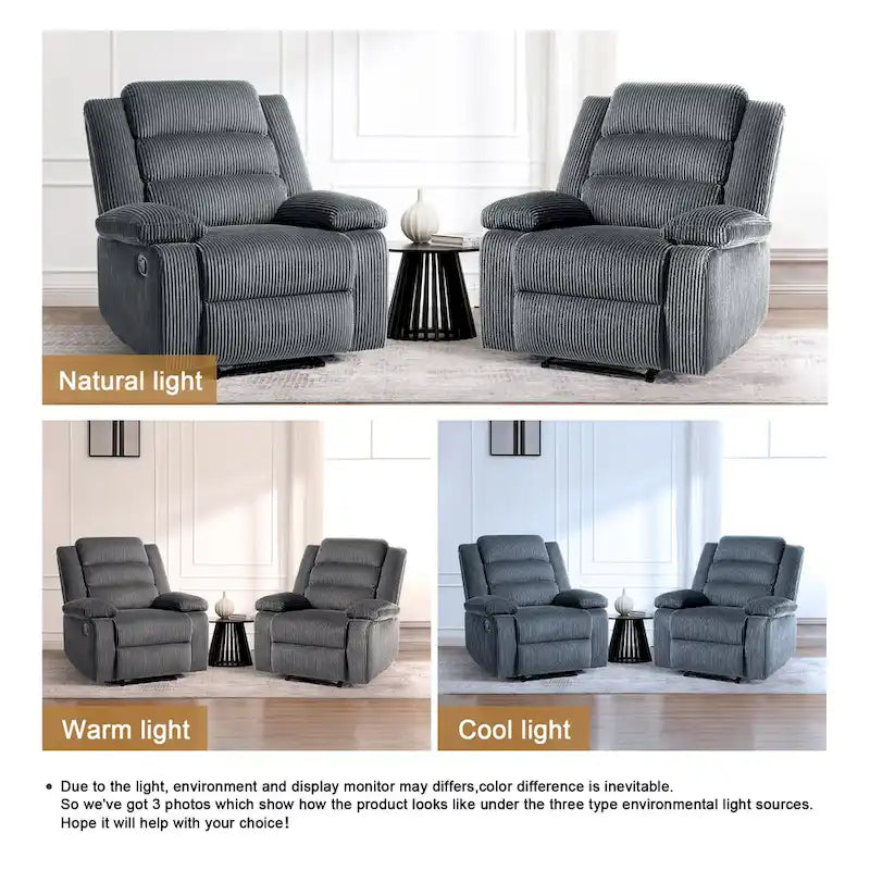 Ensemble de 2 fauteuils inclinables manuels modernes en velours côtelé, fauteuil d'appoint surdimensionné avec accoudoirs larges