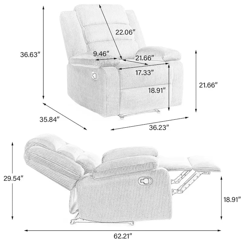 Ensemble de 2 fauteuils inclinables manuels modernes en velours côtelé, fauteuil d'appoint surdimensionné avec accoudoirs larges