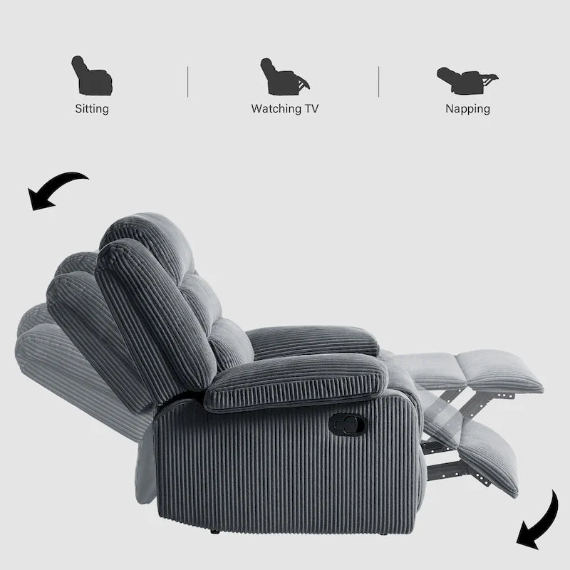 Ensemble de 2 fauteuils inclinables manuels modernes en velours côtelé, fauteuil d'appoint surdimensionné avec accoudoirs larges