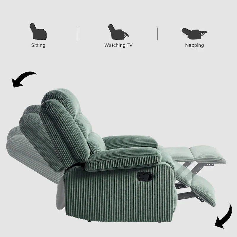 Ensemble de 2 fauteuils inclinables manuels modernes en velours côtelé, fauteuil d'appoint surdimensionné avec accoudoirs larges
