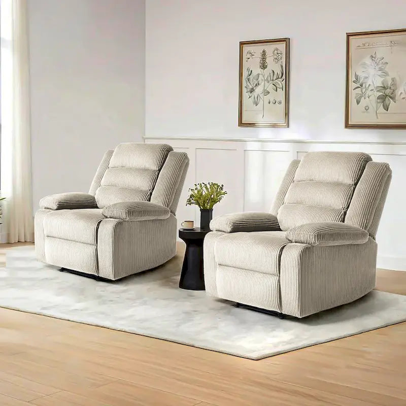 Ensemble de 2 fauteuils inclinables manuels modernes en velours côtelé, fauteuil d'appoint surdimensionné avec accoudoirs larges