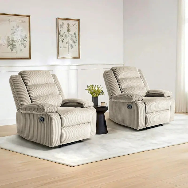 Ensemble de 2 fauteuils inclinables manuels modernes en velours côtelé, fauteuil d'appoint surdimensionné avec accoudoirs larges