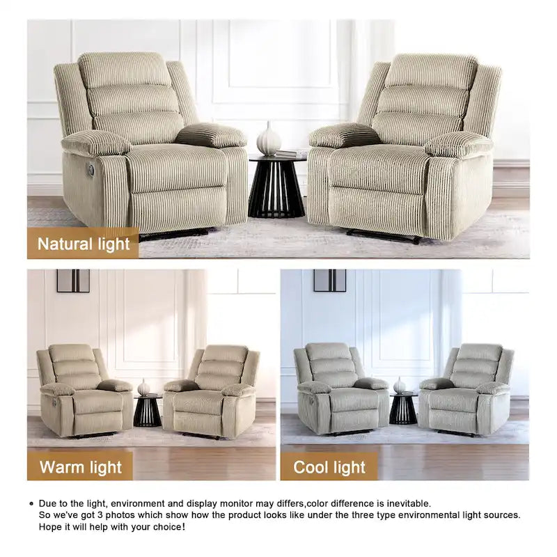 Ensemble de 2 fauteuils inclinables manuels modernes en velours côtelé, fauteuil d'appoint surdimensionné avec accoudoirs larges