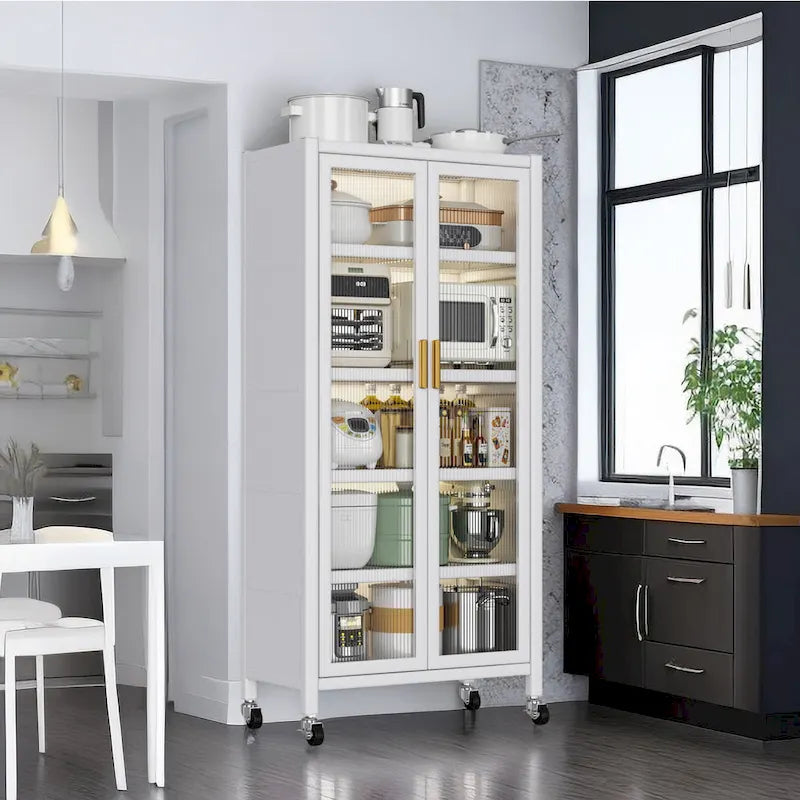 Étagère de cuisine à porte ouverte, meuble de rangement pour micro-ondes à plusieurs niveaux, du sol au plafond (tabouret non inclus).