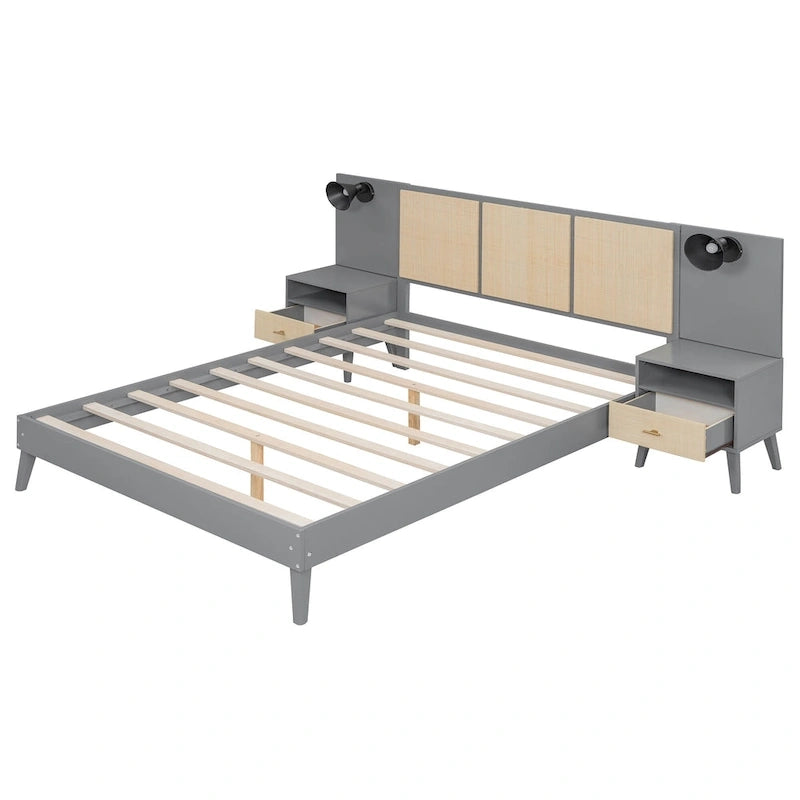 Cadre de lit plateforme en bois massif de taille Queen avec tables de chevet intégrées et lampes de tête de lit