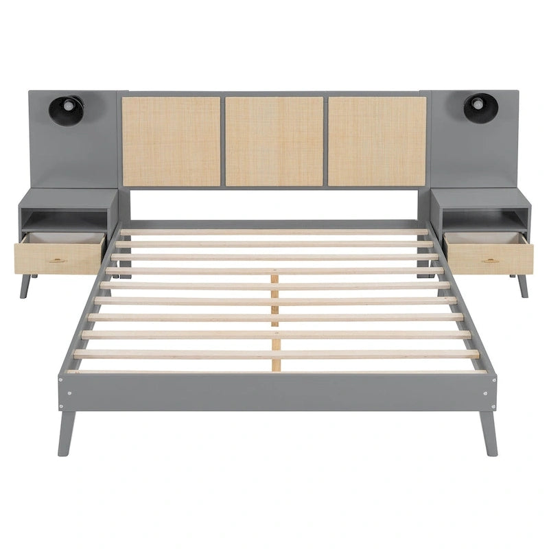 Cadre de lit plateforme en bois massif de taille Queen avec tables de chevet intégrées et lampes de tête de lit