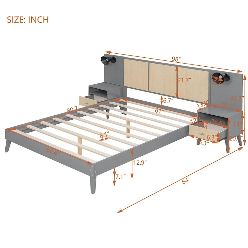 Cadre de lit plateforme en bois massif de taille Queen avec tables de chevet intégrées et lampes de tête de lit