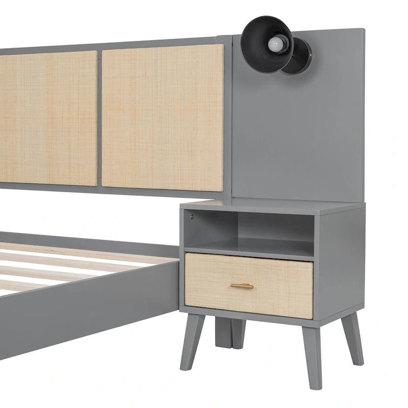 Cadre de lit plateforme en bois massif de taille Queen avec tables de chevet intégrées et lampes de tête de lit
