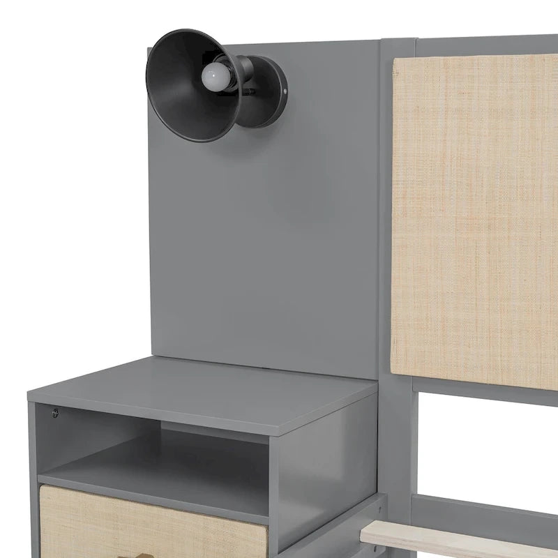 Cadre de lit plateforme en bois massif de taille Queen avec tables de chevet intégrées et lampes de tête de lit