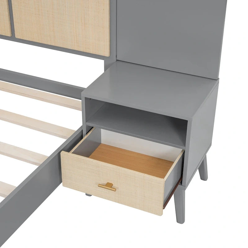 Cadre de lit plateforme en bois massif de taille Queen avec tables de chevet intégrées et lampes de tête de lit