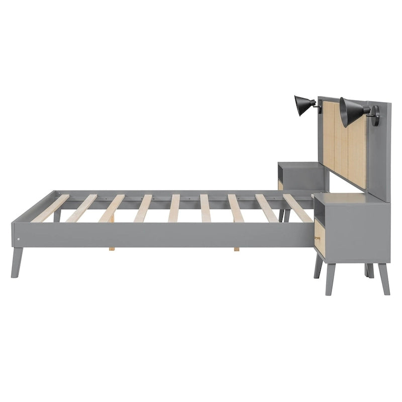 Cadre de lit plateforme en bois massif de taille Queen avec tables de chevet intégrées et lampes de tête de lit