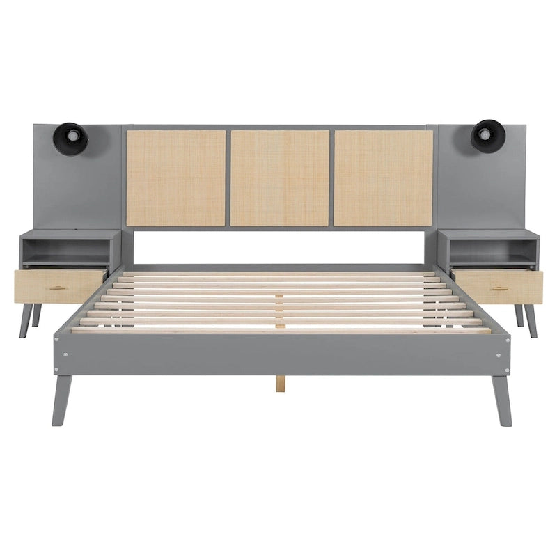 Cadre de lit plateforme en bois massif de taille Queen avec tables de chevet intégrées et lampes de tête de lit