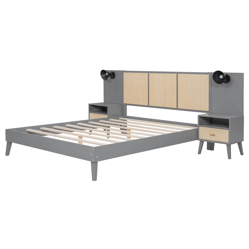 Cadre de lit plateforme en bois massif de taille Queen avec tables de chevet intégrées et lampes de tête de lit