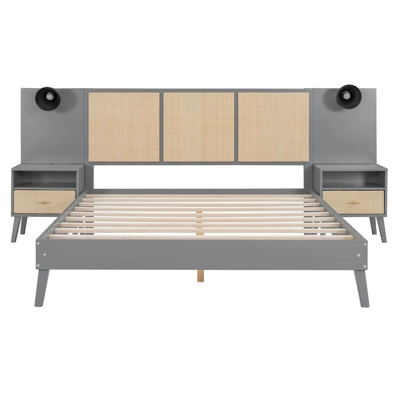 Cadre de lit plateforme en bois massif de taille Queen avec tables de chevet intégrées et lampes de tête de lit