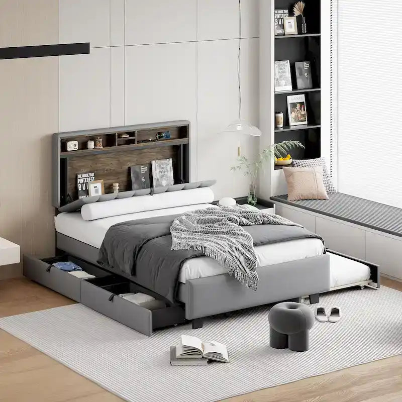Lit plateforme rembourré avec tête de lit de rangement, lit gigogne simple XL et 2 tiroirs